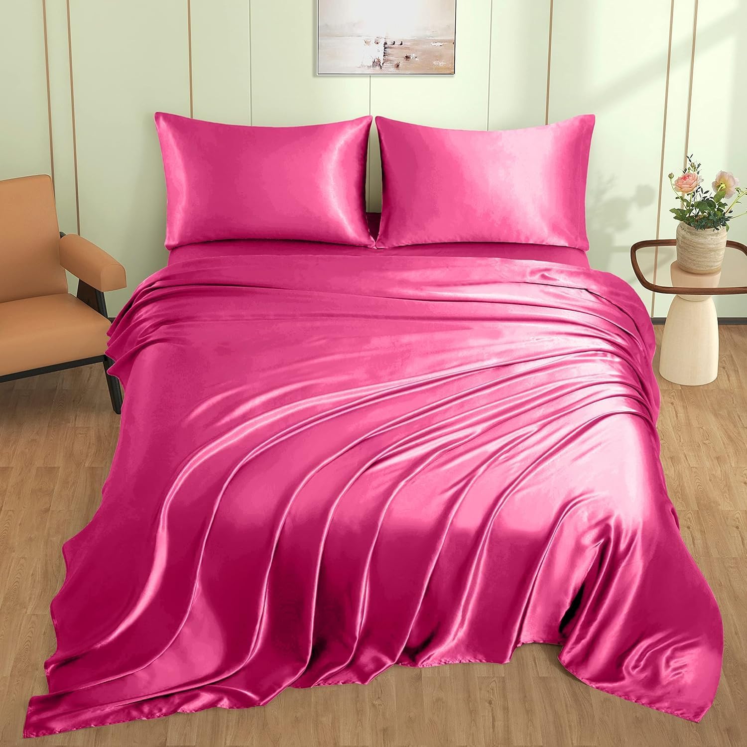 VACVELT 3pcs Hot Pink Satin Sheets Twin XL Size Bed Set, 15 Inch Deep Pocket Silky Satin Sheet Set, Soft Satin Bedding Set Cooling &…