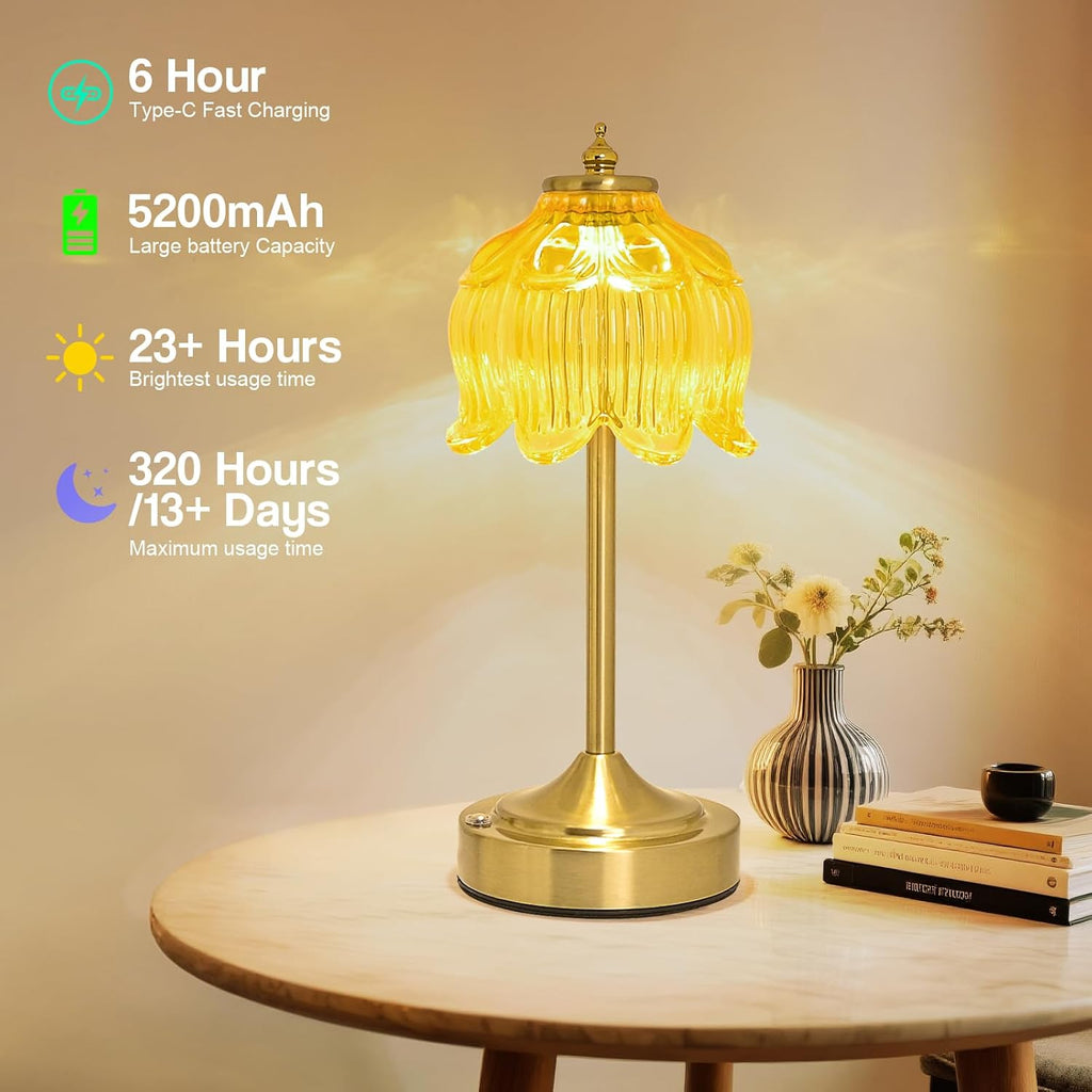 Crkwos Cordless Lotus Flower Table Lamp, 5200mAh Rechargeable Battery Operated Portable Lamp, 3-Color Dimmable Touch Control Small D…