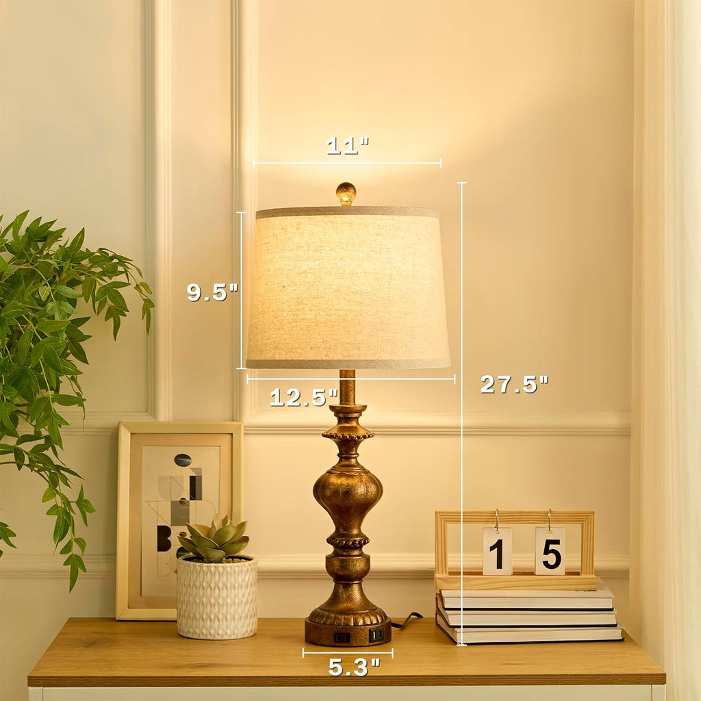 SAIWEYA 27.5" Farmhouse Table Lamps Set of 2 Bedside Nightstand Lamp with USB C+A Ports & AC Outlet, 3 Way Dimmable Lamps for Bedroom…