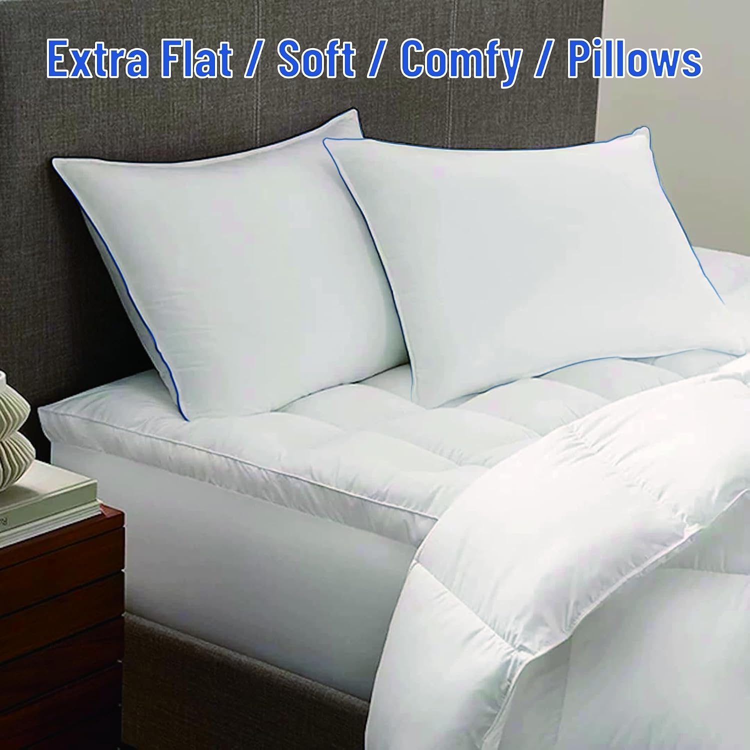 Silui Flat Soft Thin Pillows Queen Size Set of 2 Pack Bed Pillow with Down Alternative Fill for Side Back Stomach Sleepers, 20x30 Inches, W…