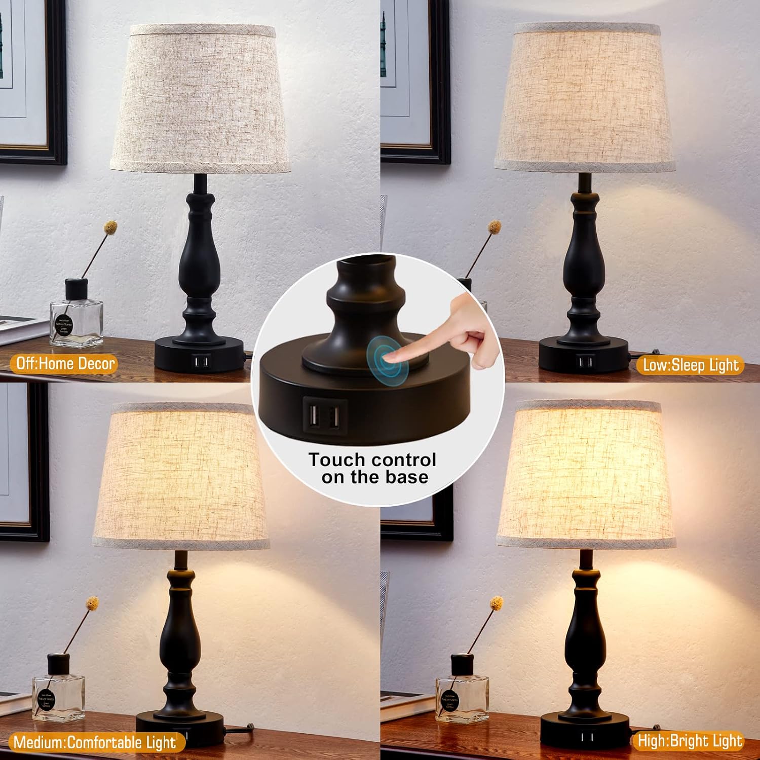 EJIAXIN Table Lamps Set of 2, Bedside Nightstand Lamps with USB Charging Ports, Dimmable Touch with Linen Fabric Lampshade, Modern Small…