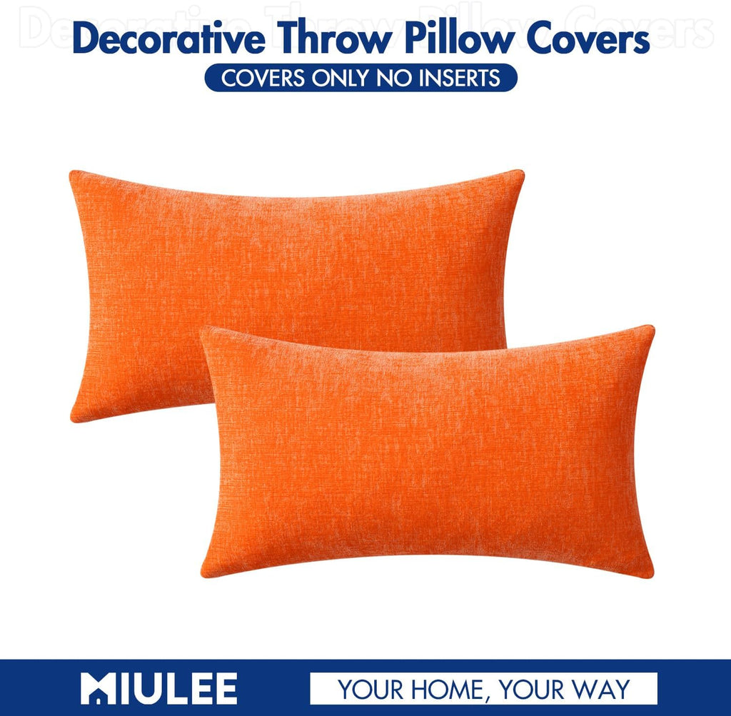 Miulee Pack of 2 Bright Orange Throw Pillow Covers 12x20 Inch Soft Chenille Lumbar Pillow Covers for Sofa Living Room Couch Solid Dyed Cases