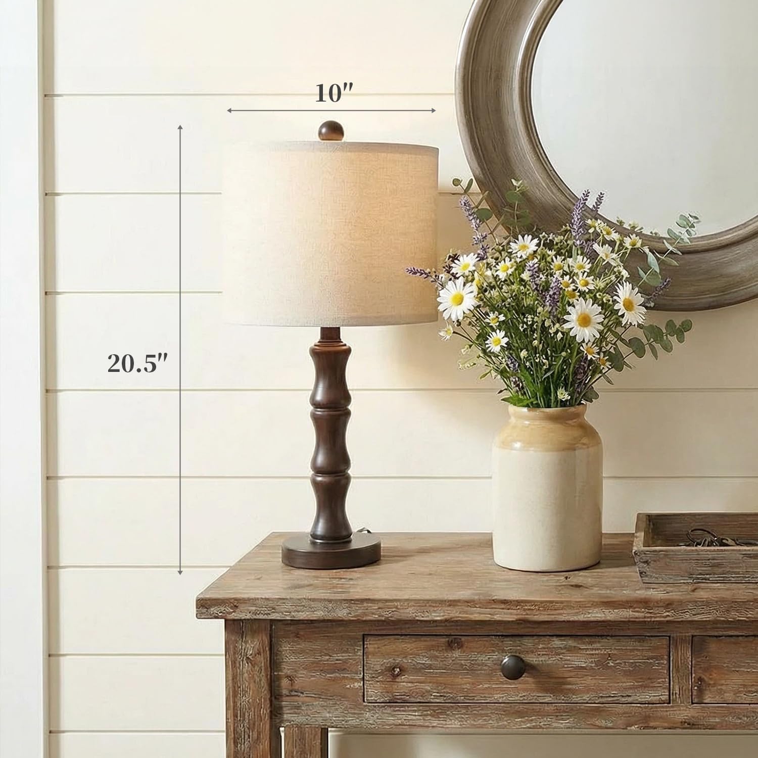 BOBOMOMO 20.5" Classic Table Lamps Set of 2, Farmhouse Nightstand Lamps with Dark Wood Grain Resin Base & Linen Shade, Small Bedside…