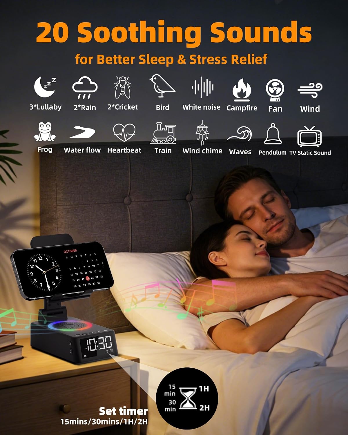 Cell Phone Stand with Bluetooth Speaker, White Noise Machine with 20 Soothing Sounds, Digital Alarm Clock for Bedroom, Bedside Desk…