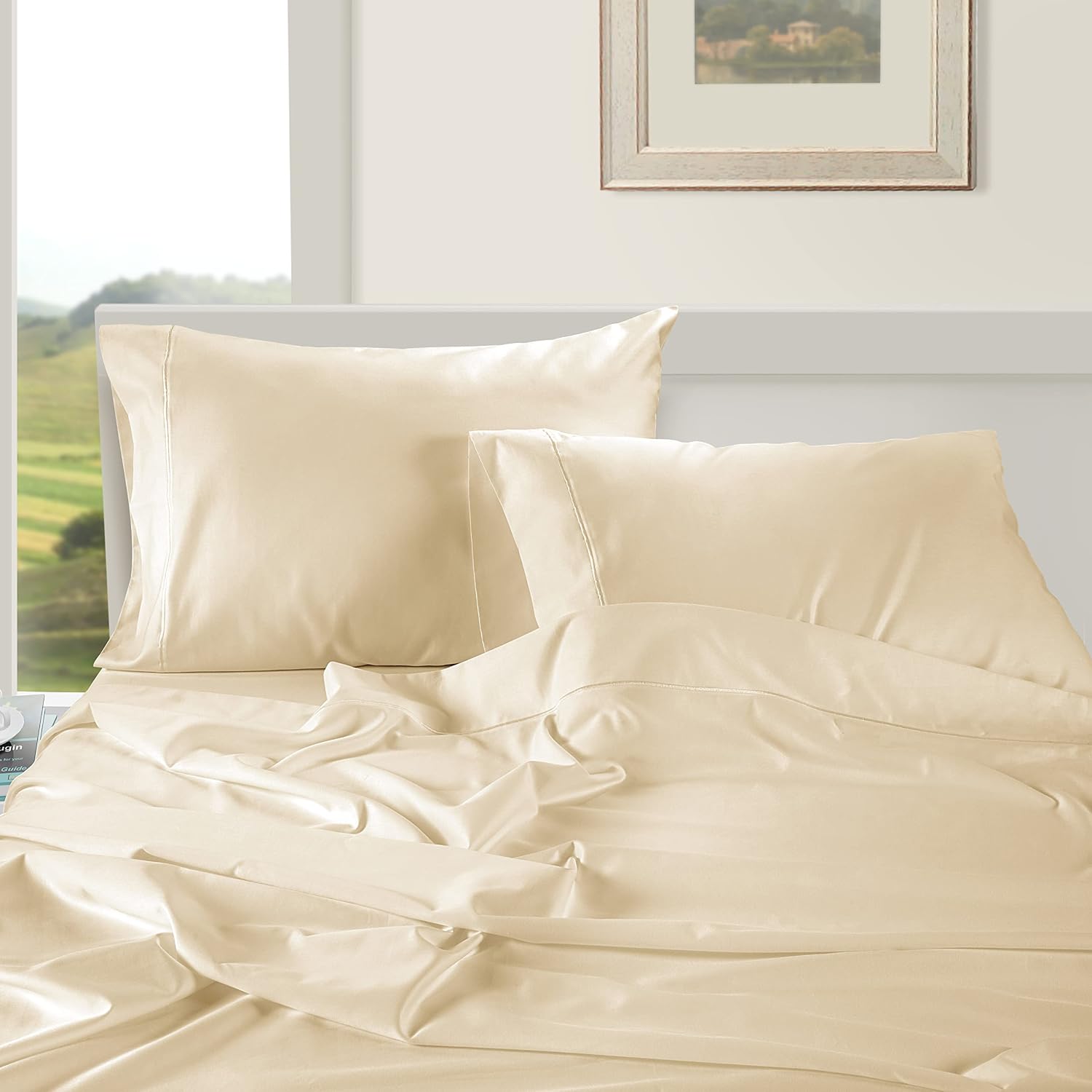 LaneLinen LANE LINEN Pillow Case Covers King Set of 2 100% Egyptian Cotton Sateen Soft Cool & Smooth Cases - Ivory Cotton