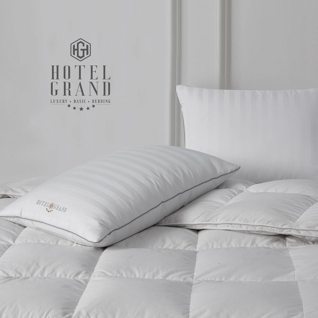 Hotel Grand Luxury Feather Down Pillows Standard Size Set of 2 Pack Hypoallergenic Medium Firm Pillows 100% Cotton Breathable Sleeping…