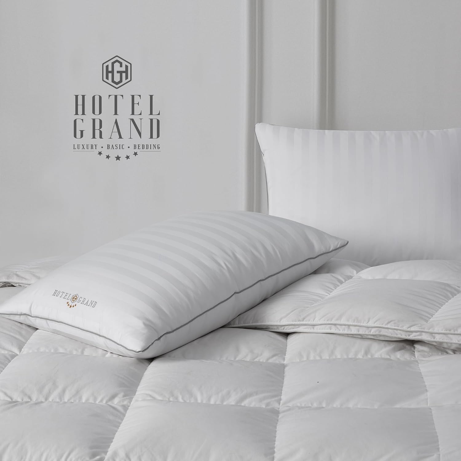 Hotel Grand Luxury Feather Down Pillows Standard Size Set of 2 Pack Hypoallergenic Medium Firm Pillows 100% Cotton Breathable Sleeping…