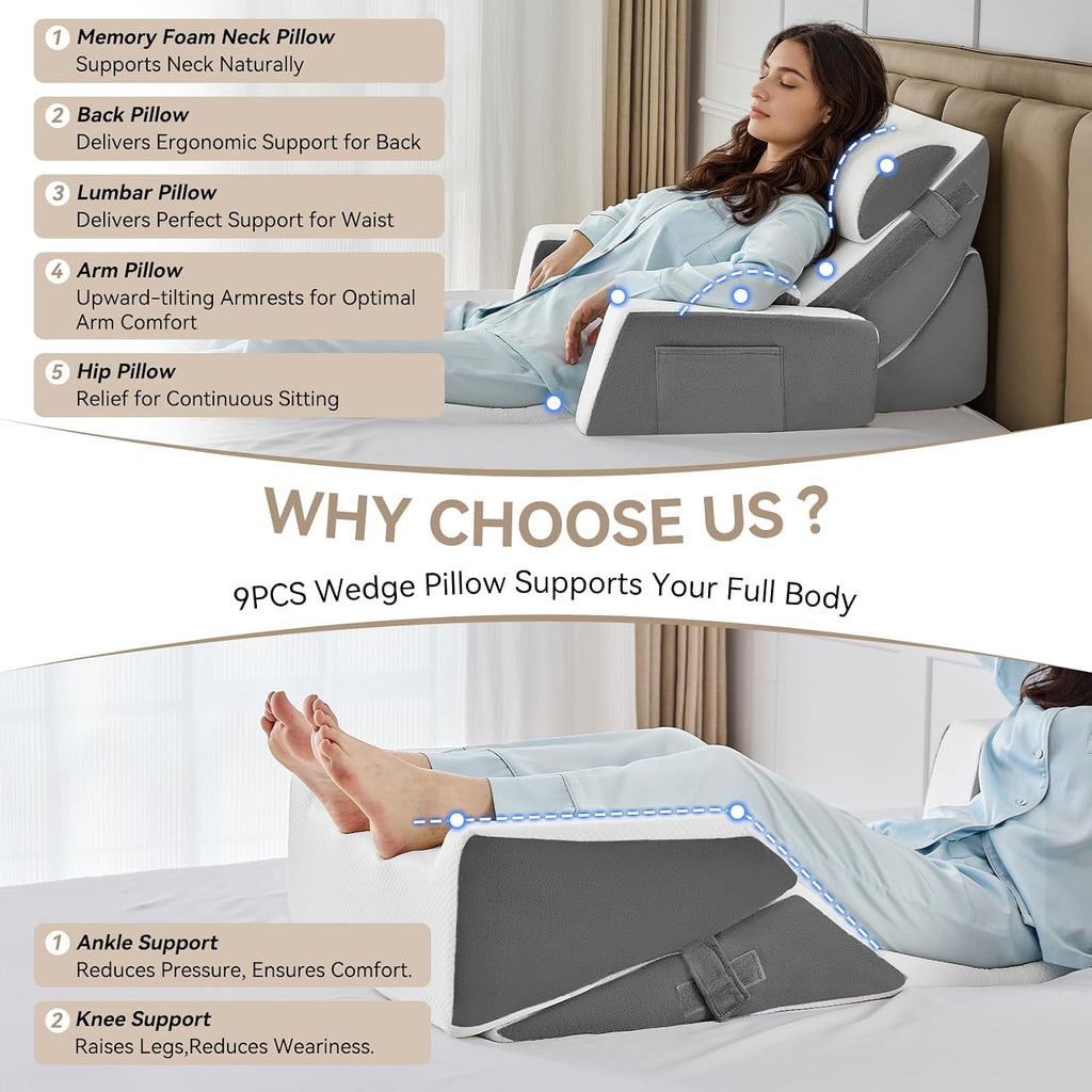 Yojoker 9PCS Orthopedic Bed Wedge Pillow Set for Sleeping, Back and Leg, Post Surgery Foam Pillow for Body, Triangle Adjustable Support Pi…