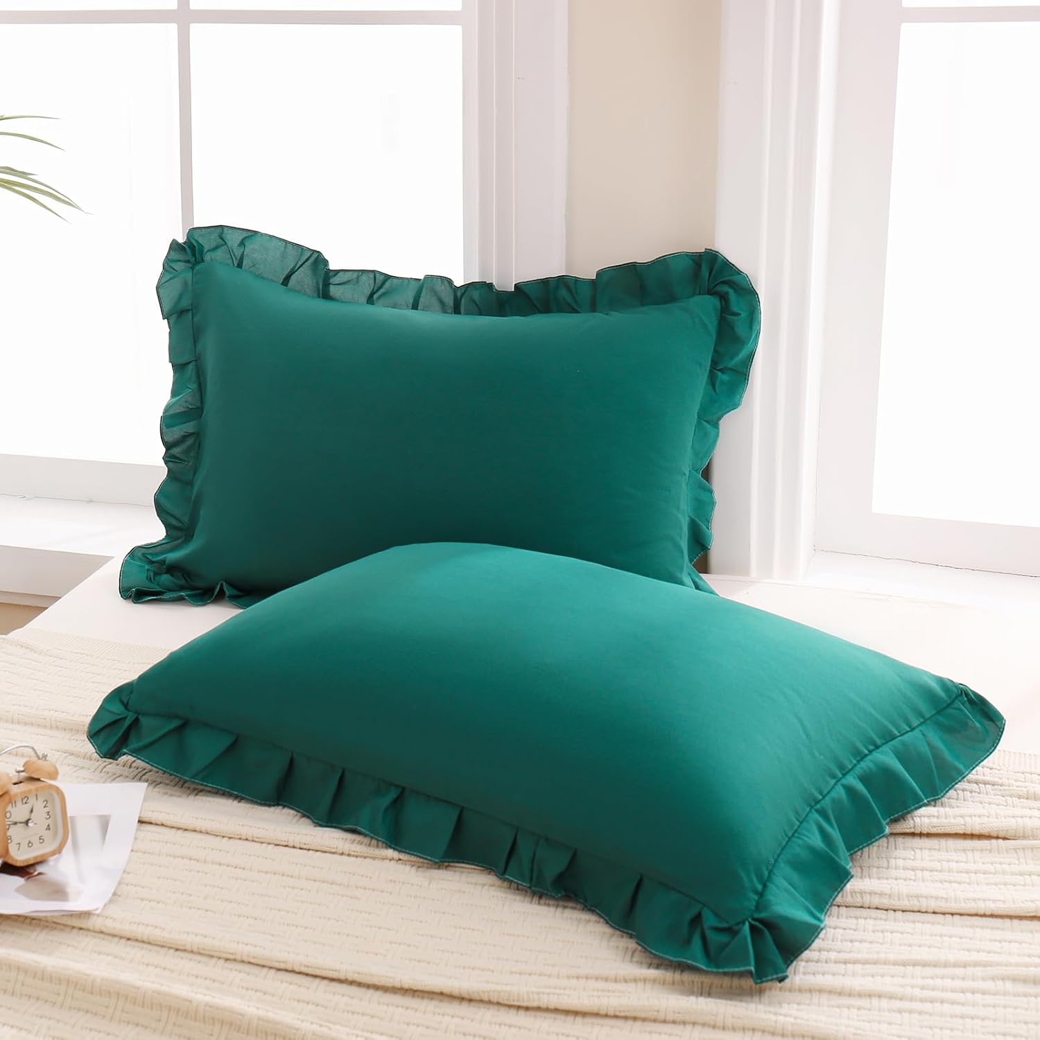 Merryword Dark Green Pillow Shams Green King Pillowcases Cute Pillow Cover Set of 2 Soft Shabby Chic Ruffled Pillowcases 2 Pack (King (20''…