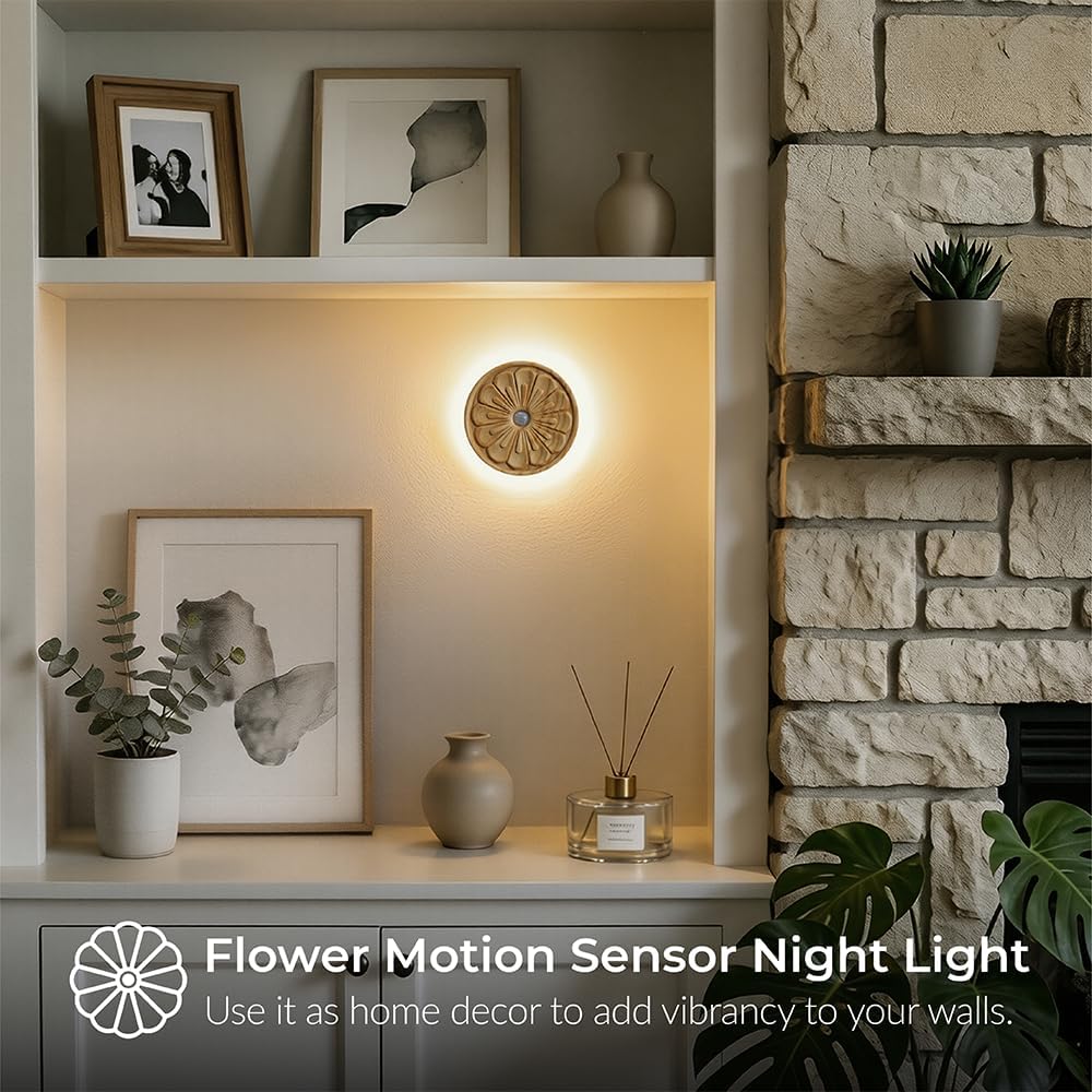 Flower Motion Sensor Night Light, Carved Wooden Flower Wall Lamp, Backlight LED Light, Rechargeable & Stick-On Magnetic Mount for Indoor…