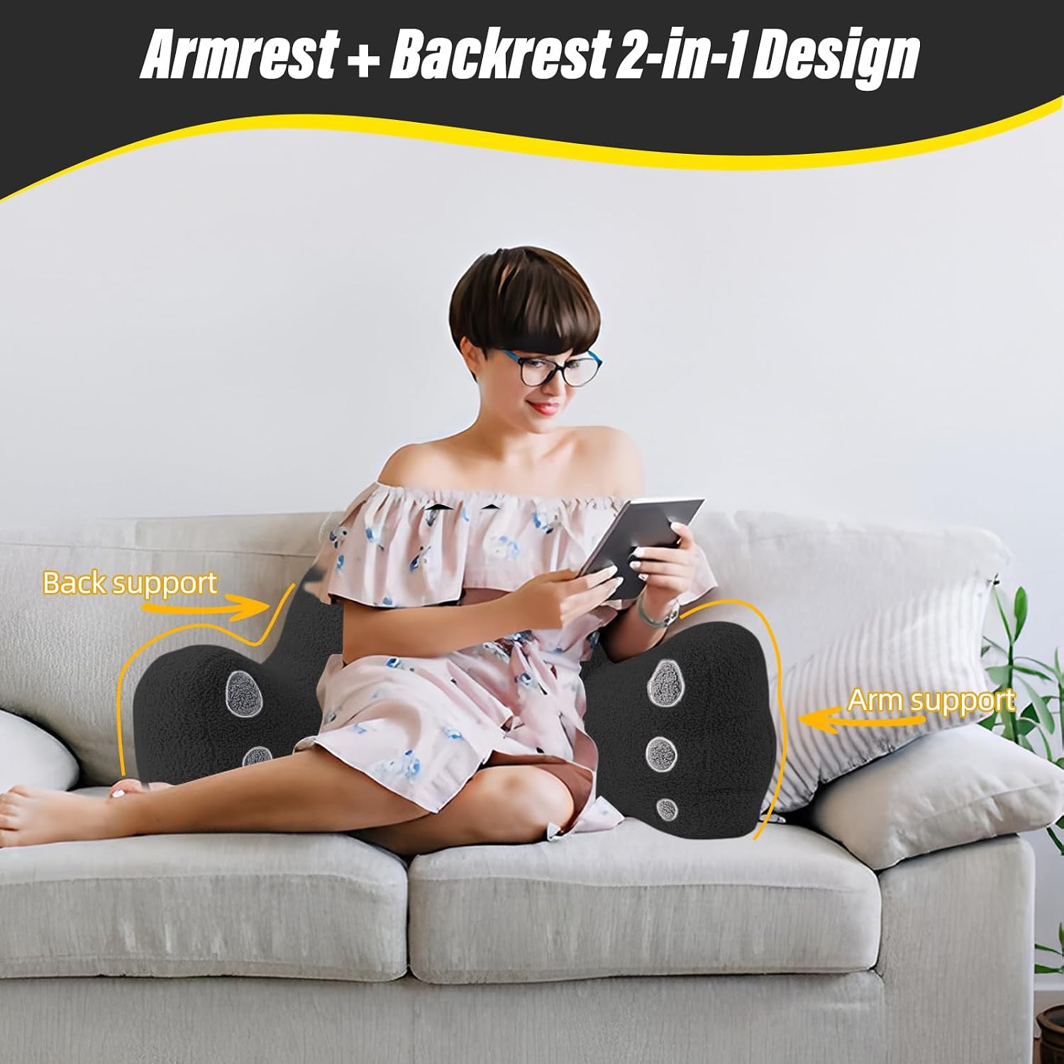 Ajicong Reading Pillow for Sitting in Bed Couch Teens/Adult, Back Rest Pillow for Sitting Up in Bed with Shredded Memory Foam, Includes Arm…