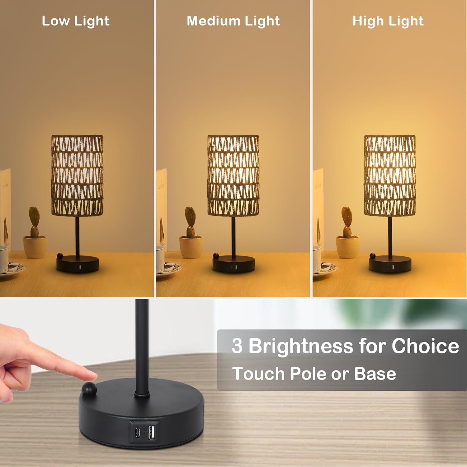 Touch Bedside Lamp For Bedroom with Bulb, Gray Boho Small Table Lamp For Living Room With Rattan & Linen Shade, 3 Way Dimmable Table Lamp…