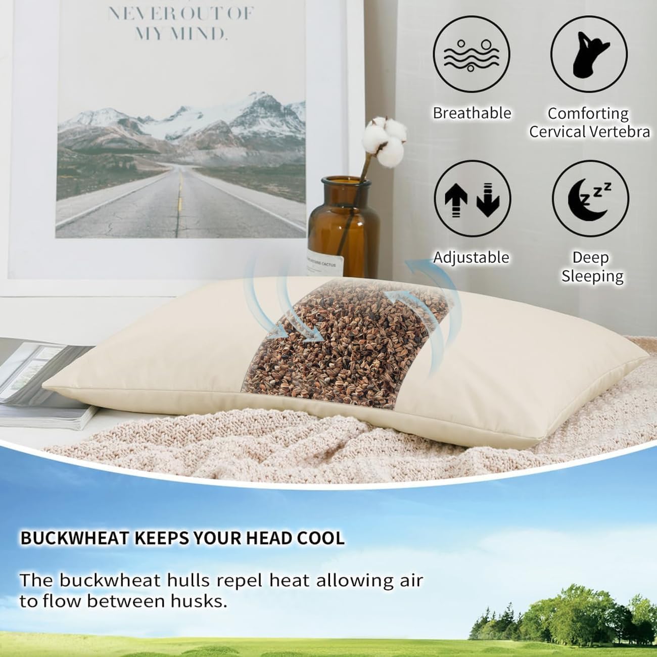 LOFE® Organic Buckwheat Pillow for Sleeping with Organic Cotton Pillowcase - 14x20'' Adjustable Pillow, Breathable for Cool Sleep…