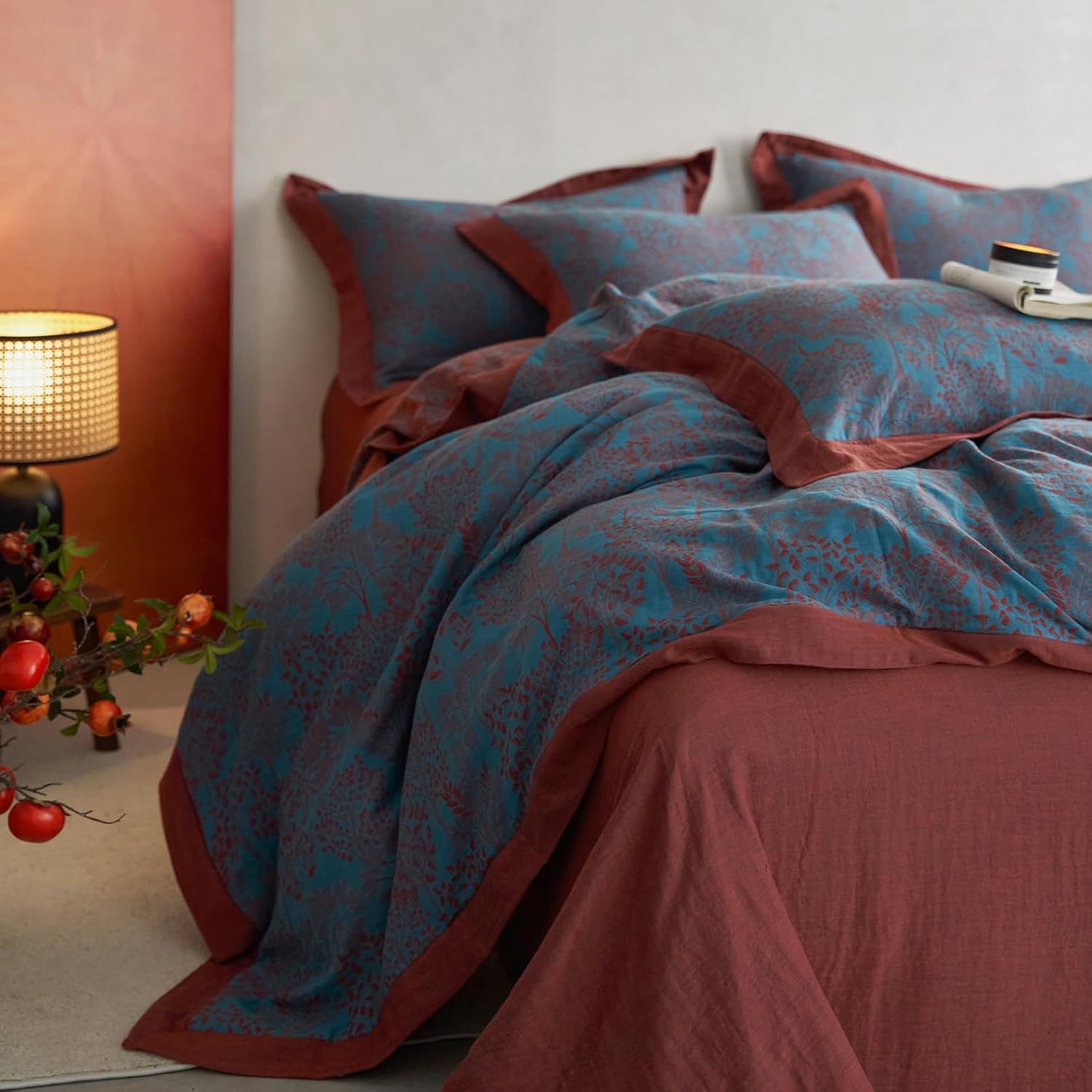 mixinni Muslin Cotton Vintage Blue Floral Duvet Cover Queen Size 3pcs Yarn Dyed Burgundy Jacquard Weave Bedding Comforter Cover Soft Breath…