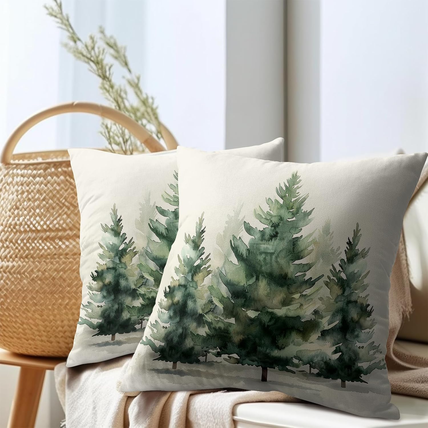 Granbey Watercolor Green Tree Throw Pillow Covers 20X20 Inch Set of 2 Green Christmas Tree Decorative Pillowcase Winter Nature Trees Holida…