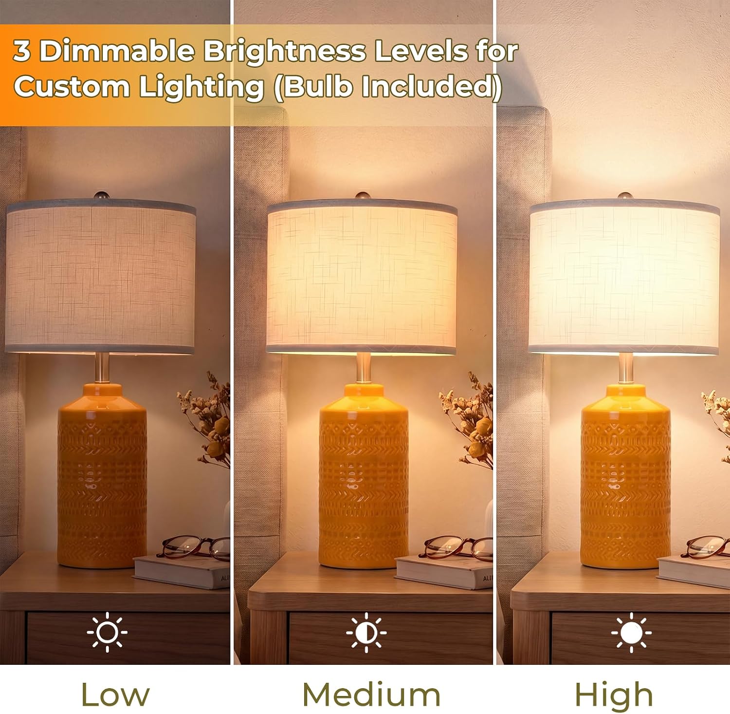 JUNNAI 25" Modern Orange Ceramic Table Lamp for Living Room Nightstand 3-Way Dimmable Farmhouse Lamp for Bedroom Bedside Entryway…