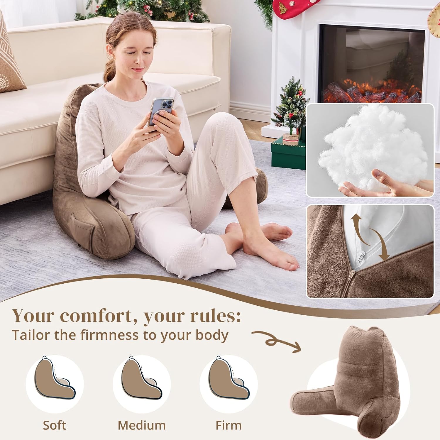 Sasttie Reading Pillow, Pillows for Reading or Relaxing – Ergonomic Support for Head, Neck, Back, and Lumbar, 21-Inch, Khaki