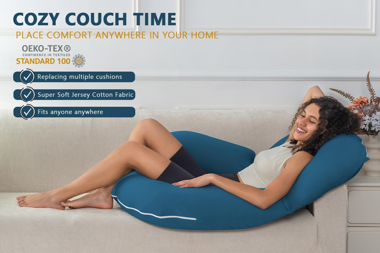 Insen Reading Pillow, Back Pillow for Sitting in Bed and Couch, Gaming Pillow for Adults, Sit Up Support for Bed, Soft Jersey Cotton, Blue…