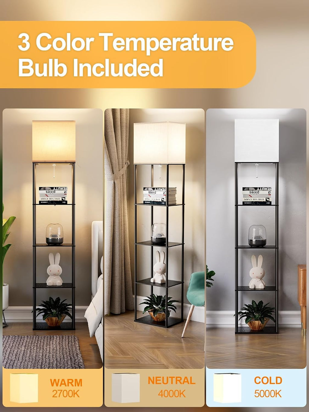 Large Floor Lamp with Shelves, 5-Tier Tall Floor lamp with for Living Room, Shelf Floor Lamp with 3 CCT LED Bulb, Corner Display Standing…