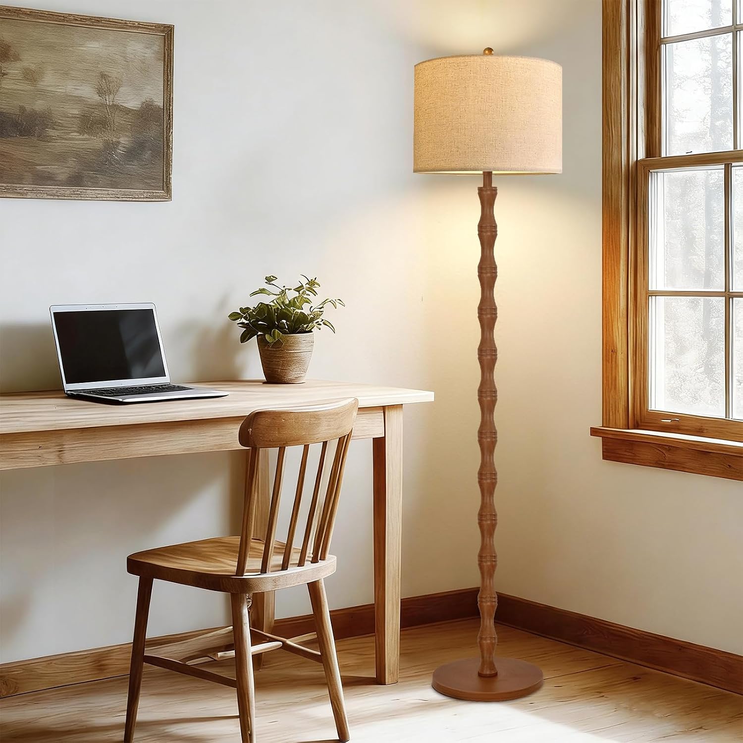 QIYIZM Wood Floor Lamp for Living Room, Bedroom, Vintage Standing Lamp with Remote Dimmable, Farmhouse Mid Century Tall Lamp Rustic…