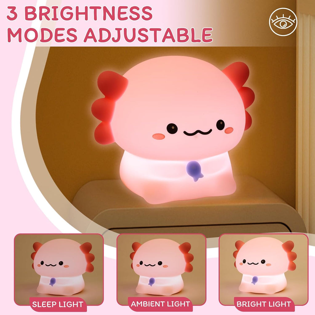 WelcometoMAGOHMT Axolotl Night Light for Kids - 3-Level Dimmer & Auto-Off Timer, Child-Safe Silicone Lamp, USB-C Rechargeable Nursery Light…