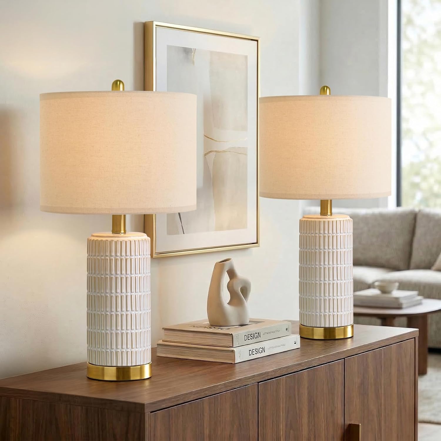 PoKat Small Bedside Table Lamps Set of 2 for Bedroom Living Room, 21.5'' Modern Ceramic Nightstand Lamps with Gold Base, Farmhouse Table…