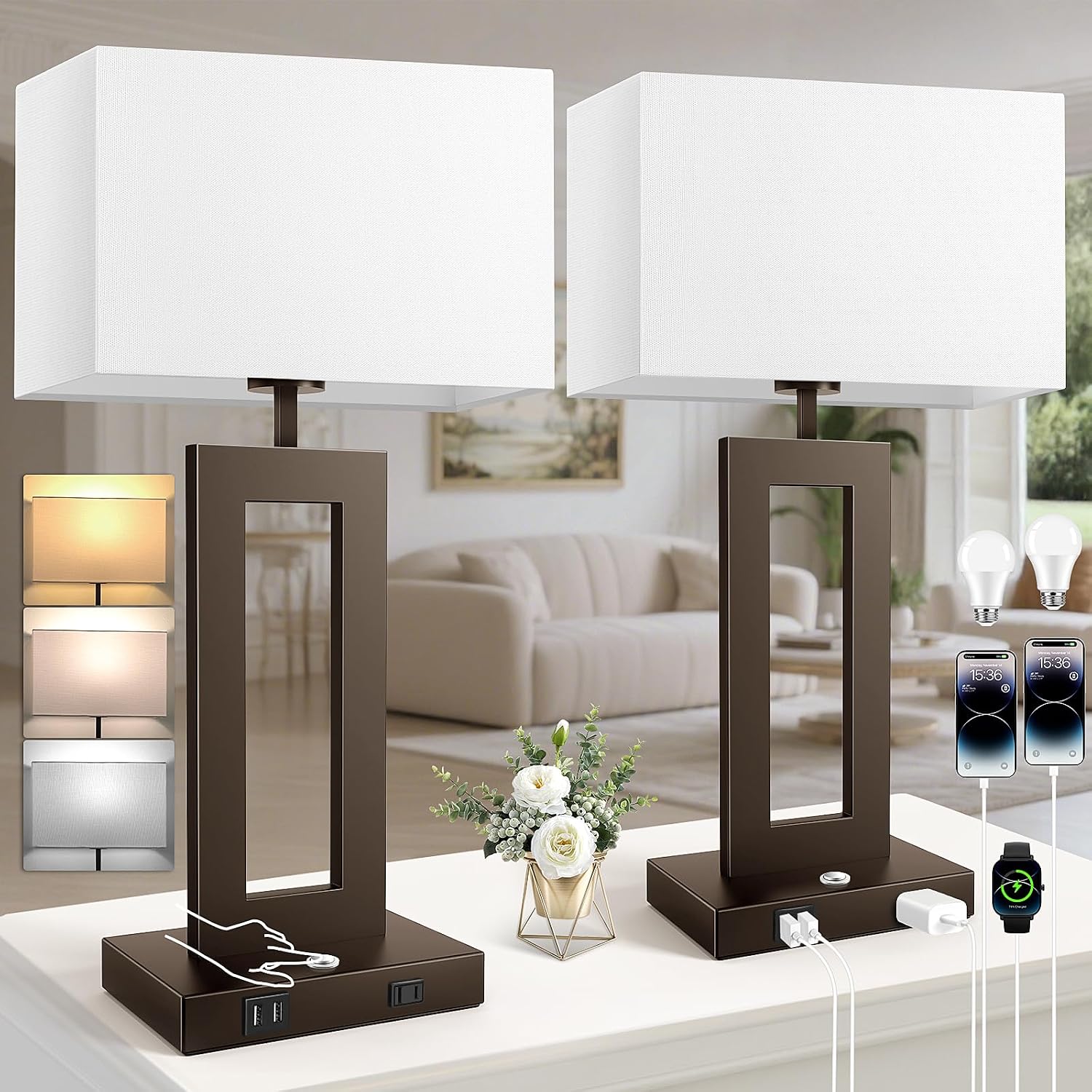 27.2’’ Tall Brown Table Lamps for Living Room Bedroom, Bedside Touch Control Lamps with 2 USB Ports&AC Outlet, 3 Color Temp.&Stepless…