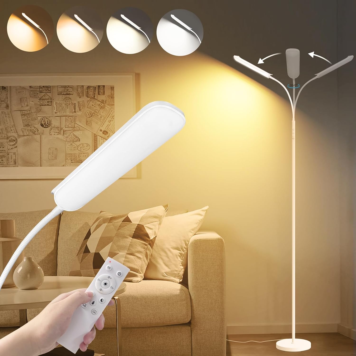 Marctronic White Floor Lamp, 18W 1800LM Bright LED Floor Lamps for Living Room Bedroom, Dimmable Timing Eye Caring Reading Standing Lamp wi…
