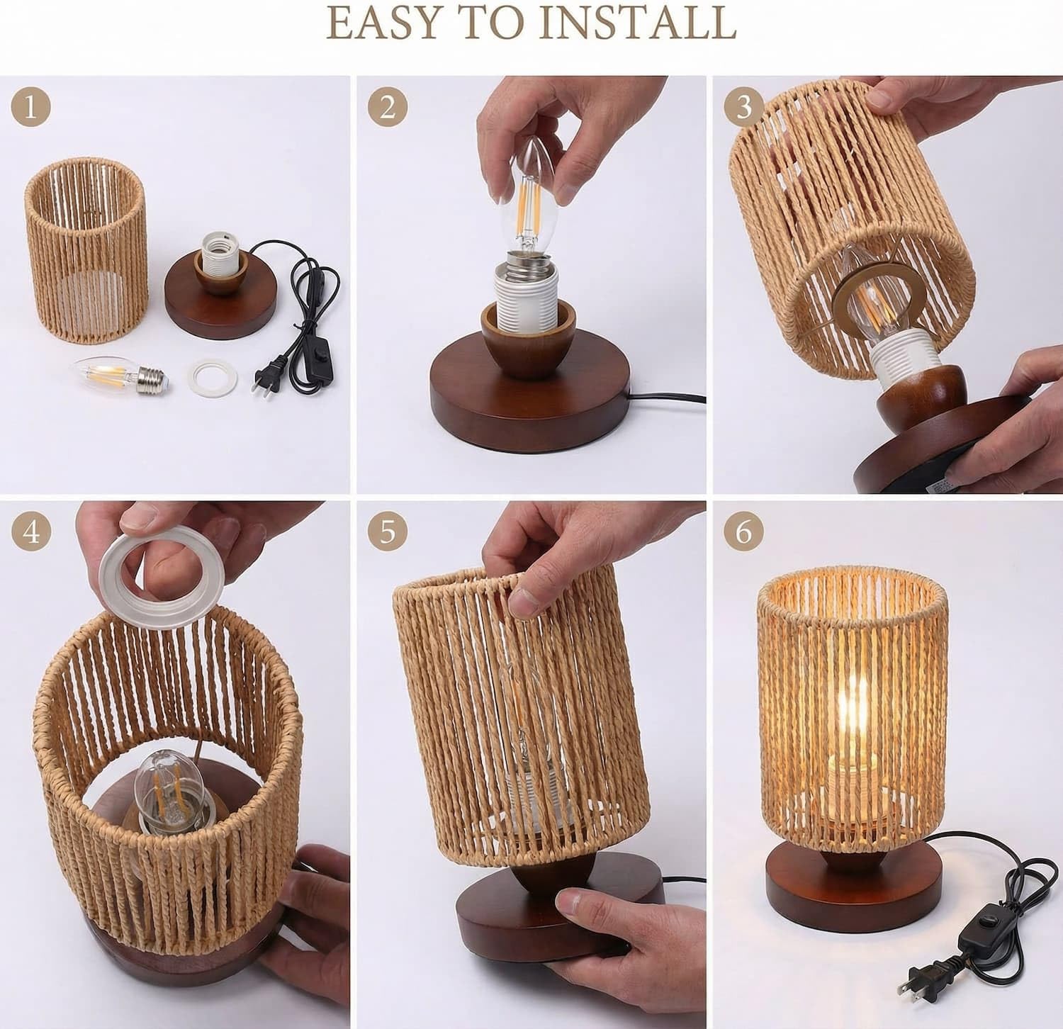 Small Rattan Table Lamp for Bedroom, Boho Bedside Lamp with Warm LED Bulb, Handwoven Wicker Nightstand Lamp for Nursery, Entryway & Dorm…