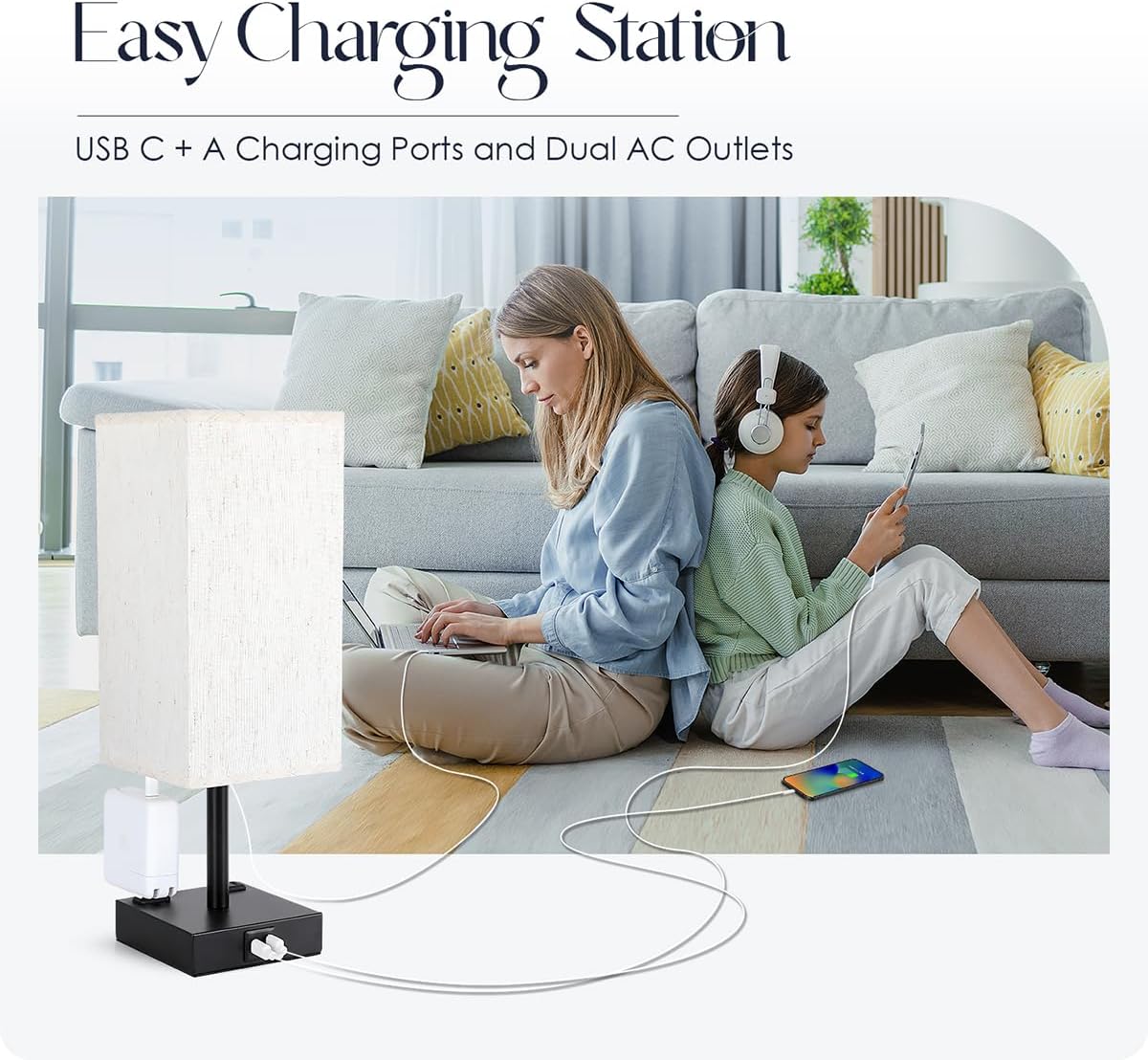 Bedside Table Lamps Set of 2 - Touch Nightstand Lamp for Bedroom with USB C+A Charging Ports & AC Outlets, 3-Way Dimmable Desk Lamp…
