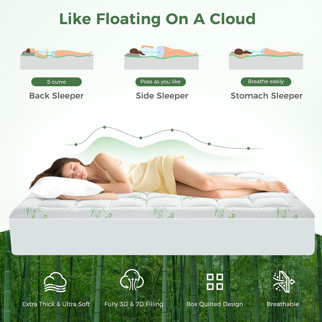 HYLEORY-YourBeddingExpert HYLEORY Mattress Topper - Thick Bamboo-Viscose Naturally Cooling Pillow Top Mattress Pad Breathable Fluffy Soft M…
