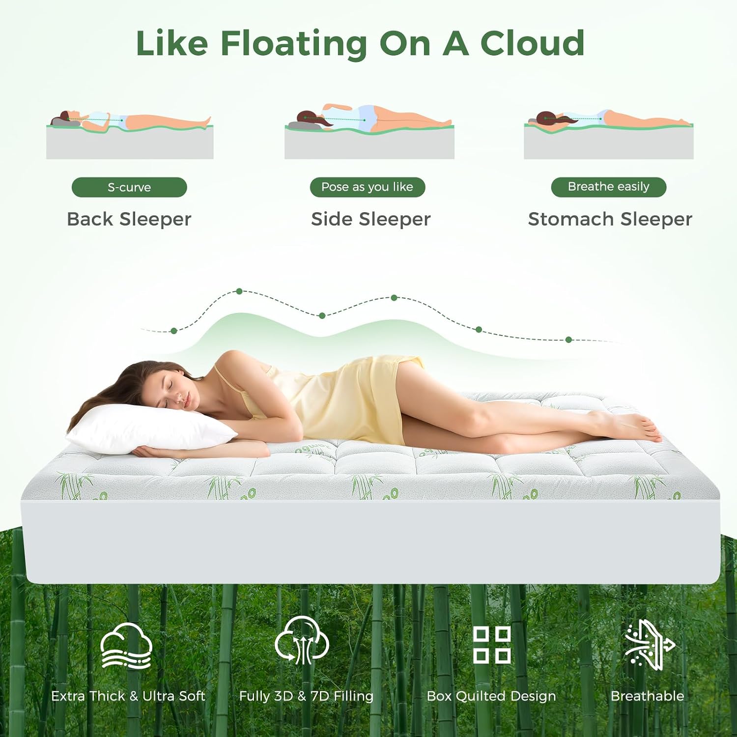 HYLEORY-YourBeddingExpert HYLEORY Mattress Topper - Thick Bamboo-Viscose Naturally Cooling Pillow Top Mattress Pad Breathable Fluffy Soft M…