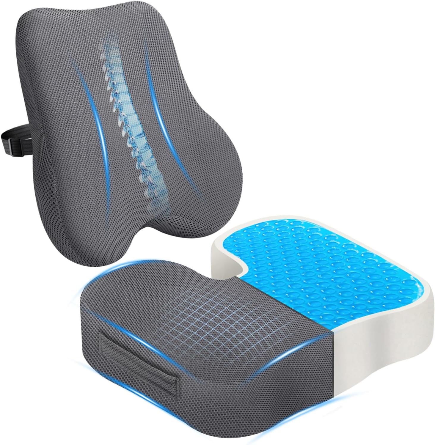 Watshyon Gel Seat Cushion & Lumbar Support Pillow Set, Cooling Memory Foam for Coccyx & Sciatica, Ergonomic Desk Chair Cushion with…