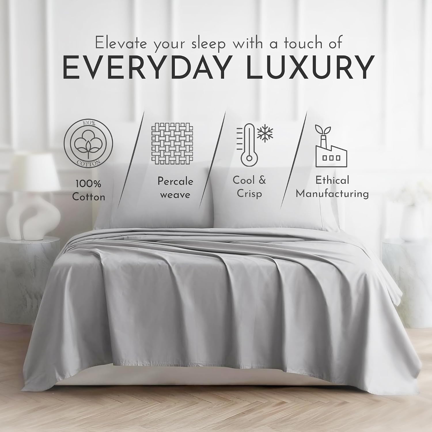 Linen Closet 3 Pcs 100% Cotton Twin Sheets Set, Dark Gray, 400 Thread Count, Percale Weave, Deep Pocket Fitted Sheet, Fits Up To 18"…
