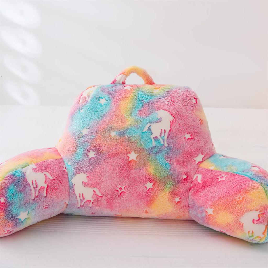 Aimuan Reading Pillow Glow in The Dark Bed Rest Wedge Kids Glow Backrest Pillow Unicorn Print with Arms Back Support for Sitting Up in…