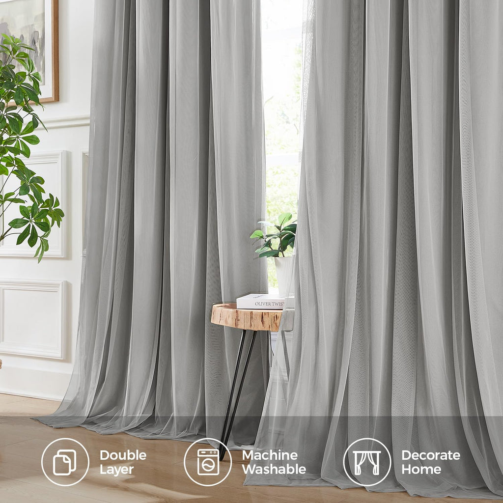 Swandream Blackout Curtains for Bedroom, Double Layer Grey Curtains, Black Out Curtain 90 inch Long with Sheer Overlay for Living Room, Roo…