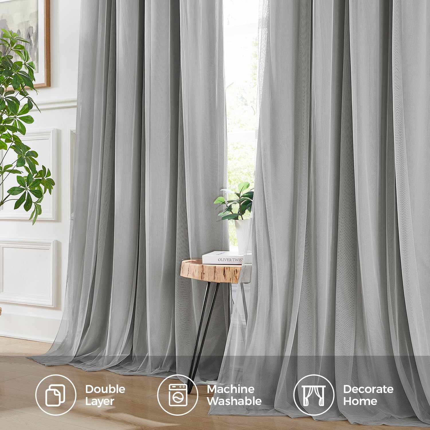 Swandream Blackout Curtains for Bedroom, Double Layer Grey Curtains, Black Out Curtain 90 inch Long with Sheer Overlay for Living Room, Roo…
