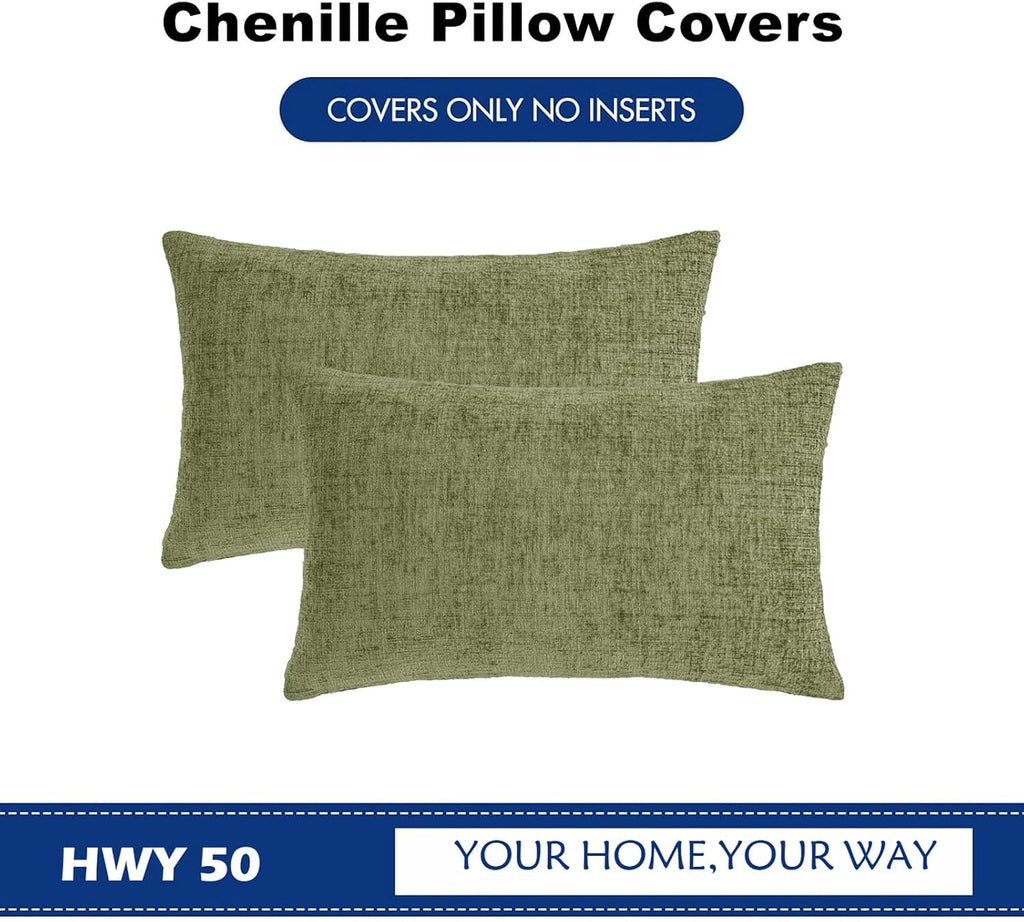 Hwy50 HWY 50 Sage Green Lumbar Pillow Covers 12x20 Inch Pack of 2, Soft Chenille Decorative Throw Pillow Covers Farmhouse for Spring Couch…