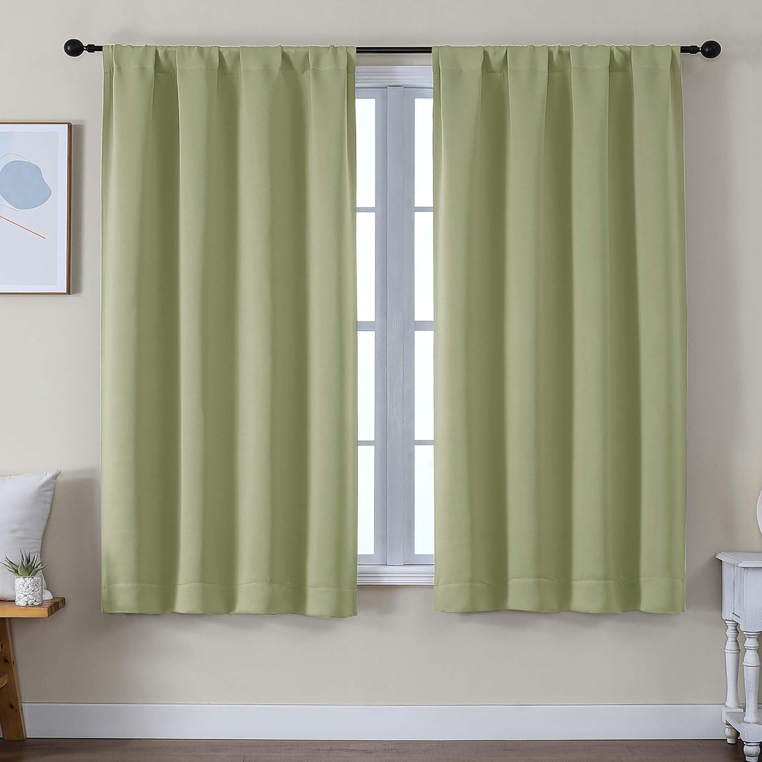 Simplebrand Ava Sage Green Blackout Curtains for Bedroom 63 Inch Length 2 Panels Set, Solid Thermal Insulated Privacy Living Room Window Tr…