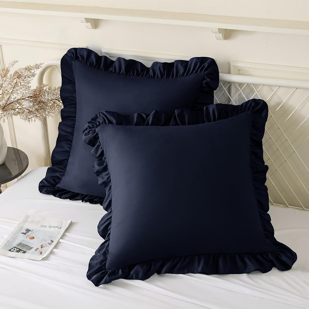 KKJIAF Ruffle Pillow Cases 20x20 Inches, Navy Blue Square Ruffled Pillow Covers Set of 2, Microfiber Wrinkle Resistant Pillow Shams with…