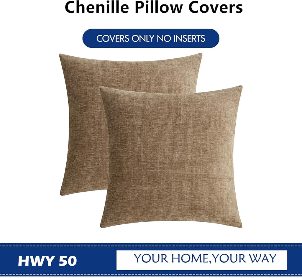 Hwy50 HWY 50 Taupe Couch Pillow Covers 16x16 Inch Pack of 2, Soft Chenille Decorative Throw Pillow Cases Farmhouse for Sofa Living Room Bed…