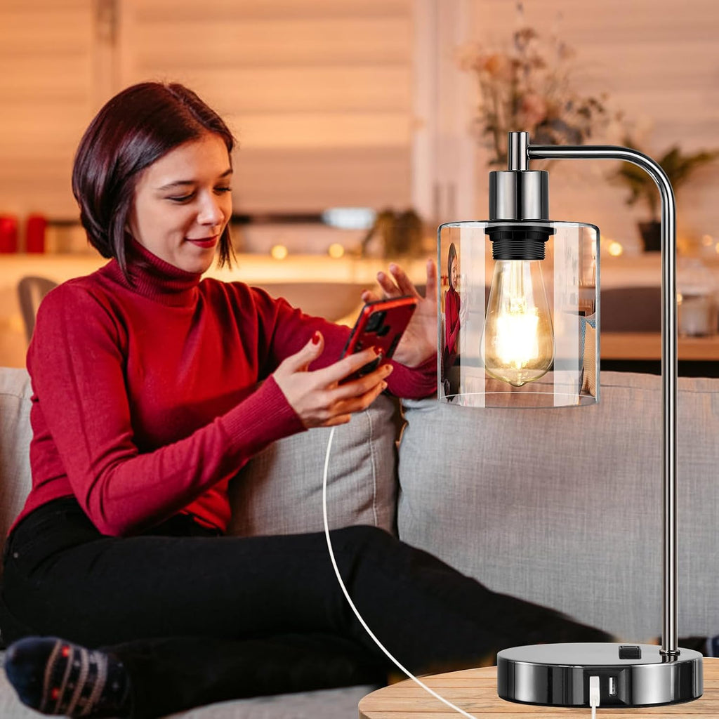 Industrial Touch Control Table Lamps Set of 2 - Black Nickel Bedside Lamps with 2 USB Ports & AC Outlet, 3-Way Dimmable Nightstand Desk…