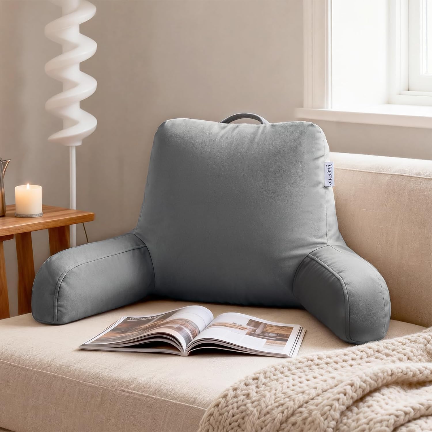 Reading Pillow for Bed Sitting Up, Adults and Teens Backrest with Arms, Velvet Back Support Pillow for Sitting on Sofa, Couch with…