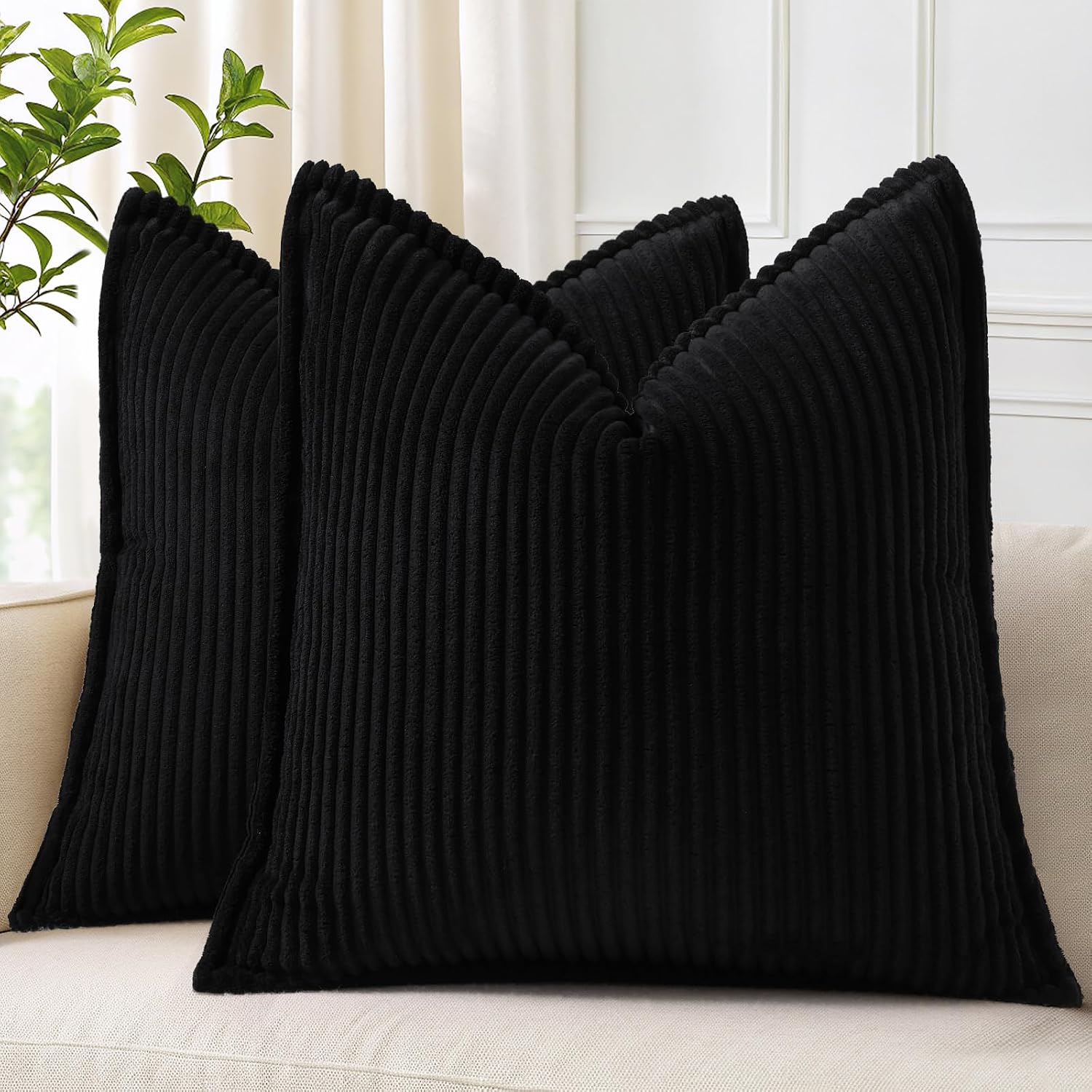 decorUhome Summer Corduroy Black Throw Pillow Covers 16x16 Set of 2 Decorative Soft Boho Farmhouse Couch Pillow Covers for Living Room Bed…