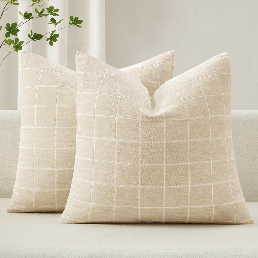 Miulee Decorative Chenille Check Euro Shams Throw Pillow Covers Vintage Plaid Couch Pillows 26x26 Inch Set of 2 Neutral Boho Farmhouse Cush…