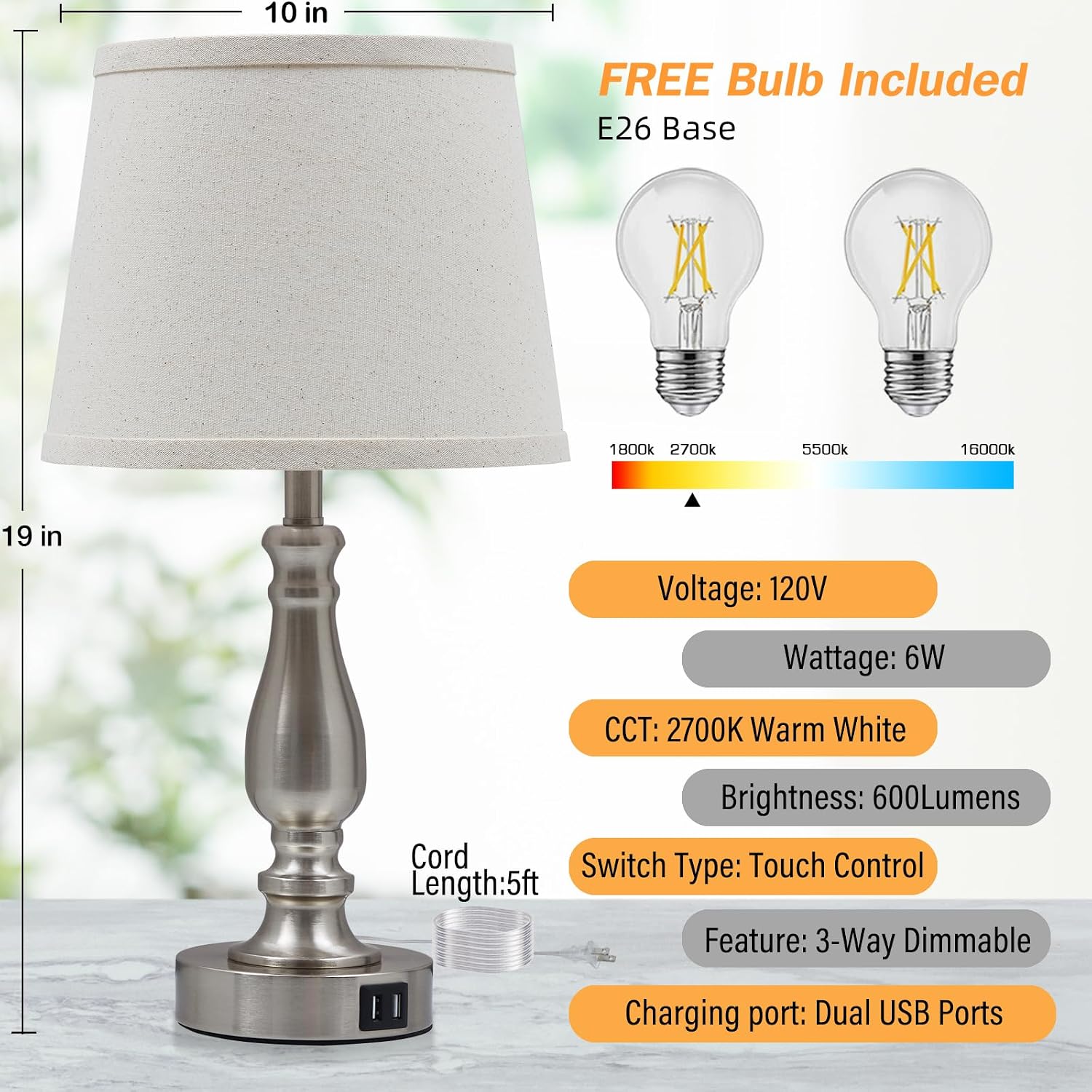 EJIAXIN Lamps for Bedrooms Set of 2, Brushed Nickel Bedside Lamps with USB C+A Ports, Dimmable Nightstand Lamps with Fabric Lampshade…