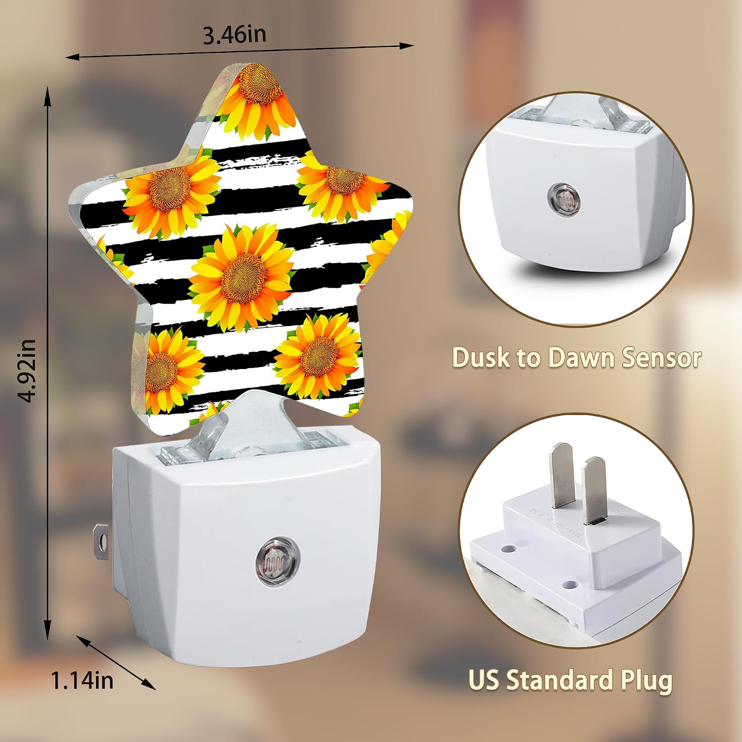 Sunflowers Plug-in Night Light Black White Grid with Dusk-to-Dawn Sensor for Bedroom, Bathroom and Living Room Sleep Friendly lamp for…