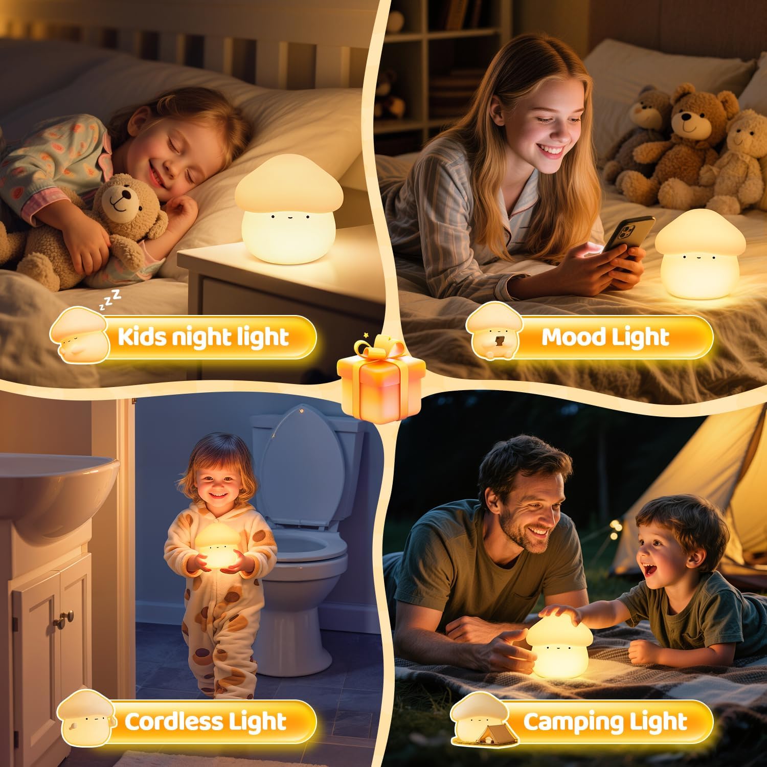 Mubarek Mushroom Lamp, Timer Mushroom Night Light for Kids, Dimmable & Easy Control Cute Lamp, Squishy Silicone Nightlight, Rechargeable…