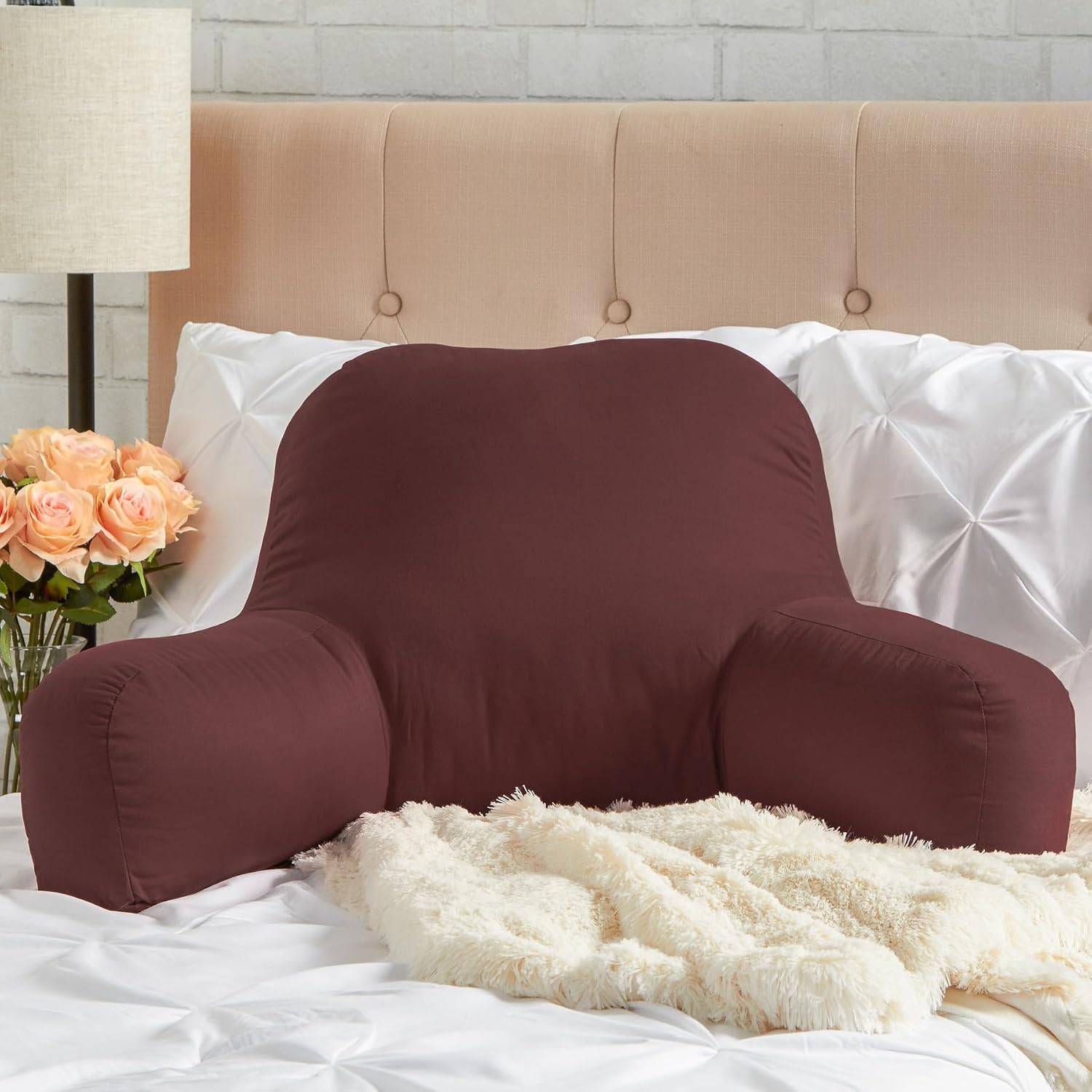 Greendale Home Fashions Cotton Duck Bed Rest Reading Pillow with Arms, Mocha