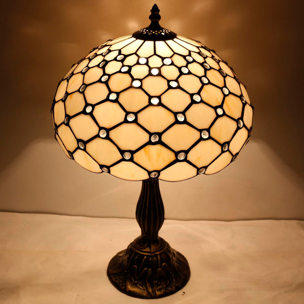 WERFACTORY Tiffany Lamp Cream Amber Stained Glass Bead Table Lamp Desk Bedside Reading Light 12X12X18 Inches Deco Bedroom Living Room…